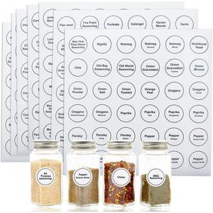 Spice Labels, 432Pcs Spice Labels Stickers 1.4in Waterproof Adhesive Round Preprinted Spice with Blank Label Black Tear Resistant Sticker for Kitchen Jars Caps Food Containers Organizers (White)