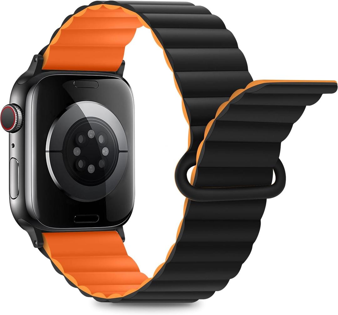 Anlinser Compatible with Apple Watch Band 49mm/46mm/45mm/44mm/42mm(Series 3), Women Men Double Side Reversible Magnetic Strap with Loop for iWatch Ultra 3-1 Series 11/10/9/8/7/6-1 SE (49/46/45/44, Black/OR)