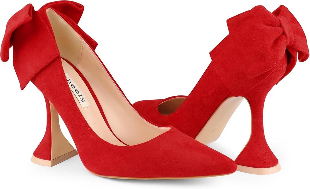 Zzheels Women's Bow High Heels Closed Toe Heels with Bow Chunky Heels Bridal Wedding Shoes Red Suede US Size 6
