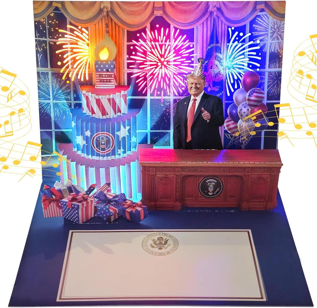 3D Pop-Up Birthday Card with Music & Light Presidents Voice Funny Greeting, Happy Birthday Song & Blow-Out Candle Effect Unique Gift for Him & Her