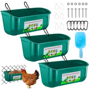 3 Pack Chicken Feeder, Duck Feeder Supplies, Hanging Fence Feed Trough with Clips for Goat, Sheeple, Piglet, Gooses, Turkeys, Dog Livestock Poultry, 8 Quarts in Total, Feed Scoop Included, Green