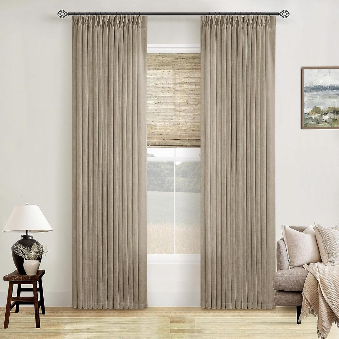 Greige 80 Inches Long Linen Curtains for Living Room Pinch Pleat Hooks for Living Room Back Tab Thick Linen Textured Pleated Drapes Light Filtering Tan Taupe Bedroom Window Curtains 80 Inch Length (Grey Beige)