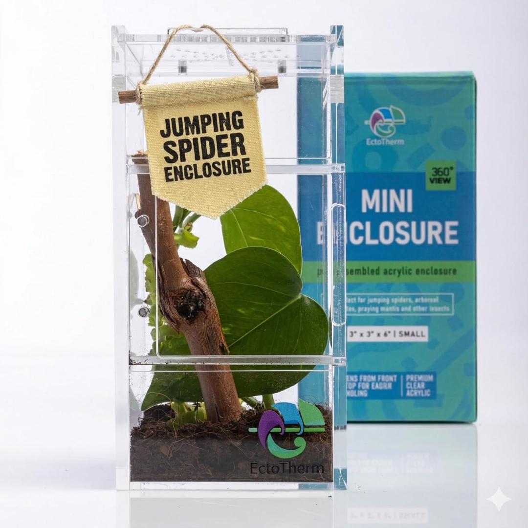 EctoTherm Jumping Spider Enclosure - Complete Acrylic Terrarium Habitat for Spiders, Tarantulas, Praying Mantis - Small Spider House with Front Opening Door - Bug Enclosure for Arboreal Species