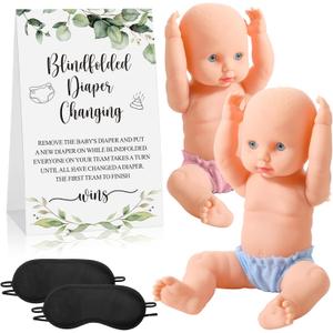 5 Pcs Baby Dolls for Baby Shower Game Blindfold Diaper Changing Game Baby Doll Race Game Set Include 2 Baby Doll 2 Blindfold 1 Diaper Blinder Sign for Boy Girl Gender Reveal(Greenery)