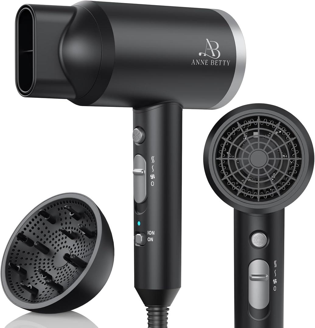 ANNE BETTY Ionic Hair Dryer with Diffuser, 1800W Blow Dryer for Women & Men, Fast-Drying, Lightweight, Low Noise, Hair Care Styling Tool for Home, Travel, Gifting