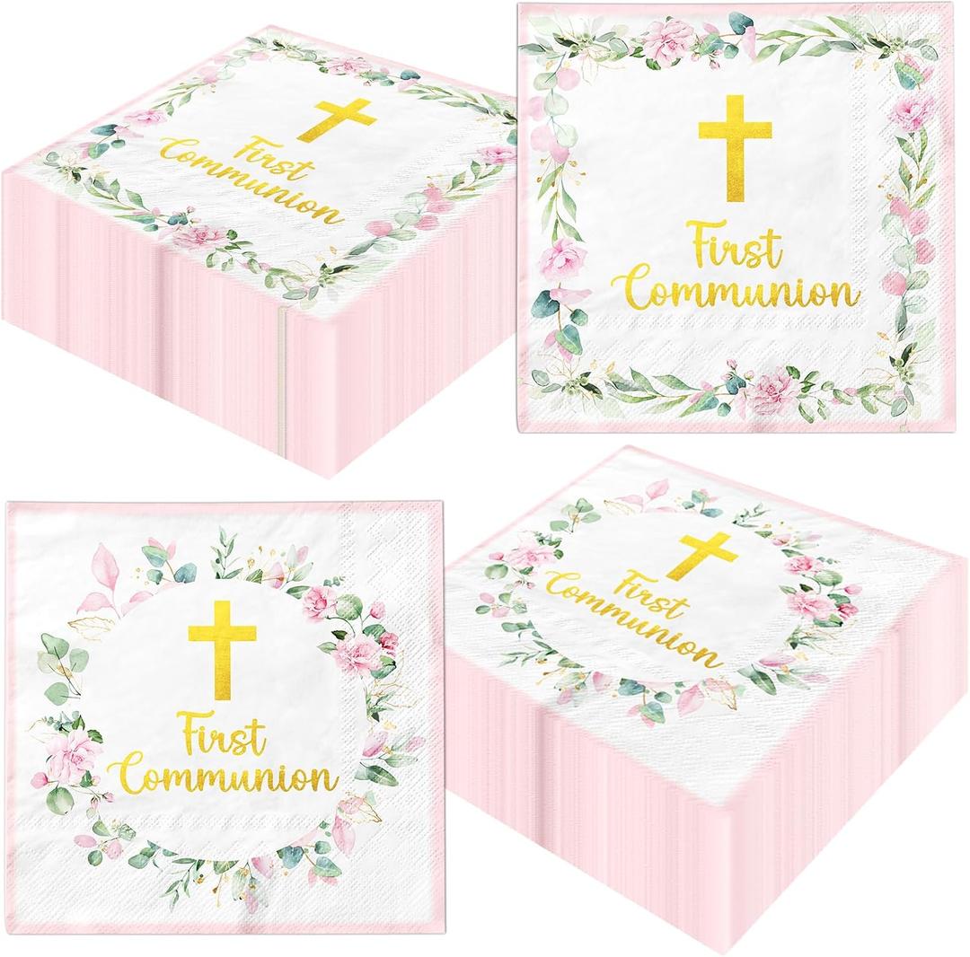 2 x First Communion Decorations for Girls, 50pcs Pink Baptism Napkins First Communion Paper Napkins for Baptism Decorations, Easter Party, First Communion Party Supplies