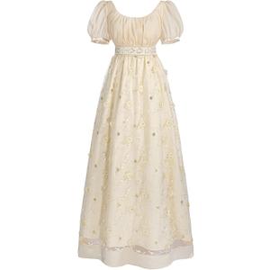 LTAKK Regency Dress Women Regency Costume Empire Waist Dresses Tea Party Victorian Gown Embroidery (Large, Gold)