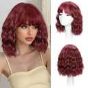 Wine Red Wig With Bangs Bob Synthetic Curly Wigs Natural Shoulder Length Wig 12 inch for Women Girls Daily Use Colorful Wigs