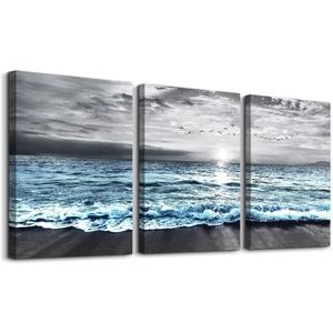 DZRWUBHS Large 3 Piece Framed Canvas Wall Art for Living Room, Office, Bedroom - Modern Home Decor Black and White Beach Painting Blue Ocean Sea Wave Pictures Artwork, 20x28 inches 