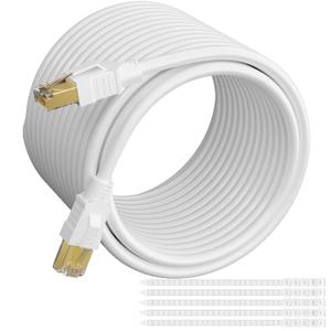 Elecan CAT 6E Cat 7 Ethernet Cable 15 Ft White, High-Speed Triple Shielded Internet Network Cable, S/FTP, POE, 26AWG 10Gbps Long CAT6A RJ45 LAN Cable Cord, Flexible &Durable for Outdoor &Indoor+Ties