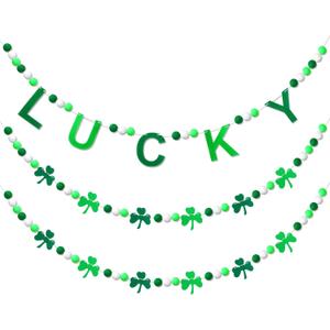 Breling 3 Pieces St. Patrick's Day Pompom Garland 10ft Lucky Felt Ball Garland Shamrock Decorations Banner for Mantle Fireplace Room St Patrick's Party Hanging Decor