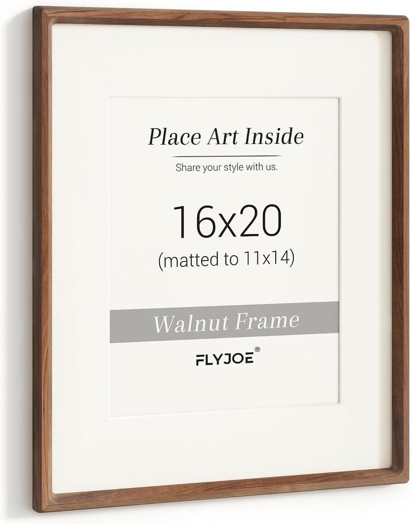 16 x 20 Picture Frame, USA-Sourced Natural Walnut Wood Photo Frame with Tempered Glass, Handcrafted Rounded Corner 16x20 Wooden Frame Matted to 11x14 Photos, Horizontal or Vertical Wall Mounting