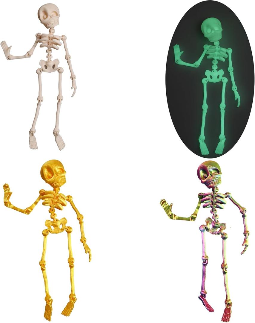 Poseable Skeleton Fridge Magnet, 3D Printed Vintage Magnetic Skeleton Figurine, Funny Skeleton Magnets with Movable Joints, Strong Magnetic Skeleton for Fridge, Halloween Kitchen Decor (4-Pack)