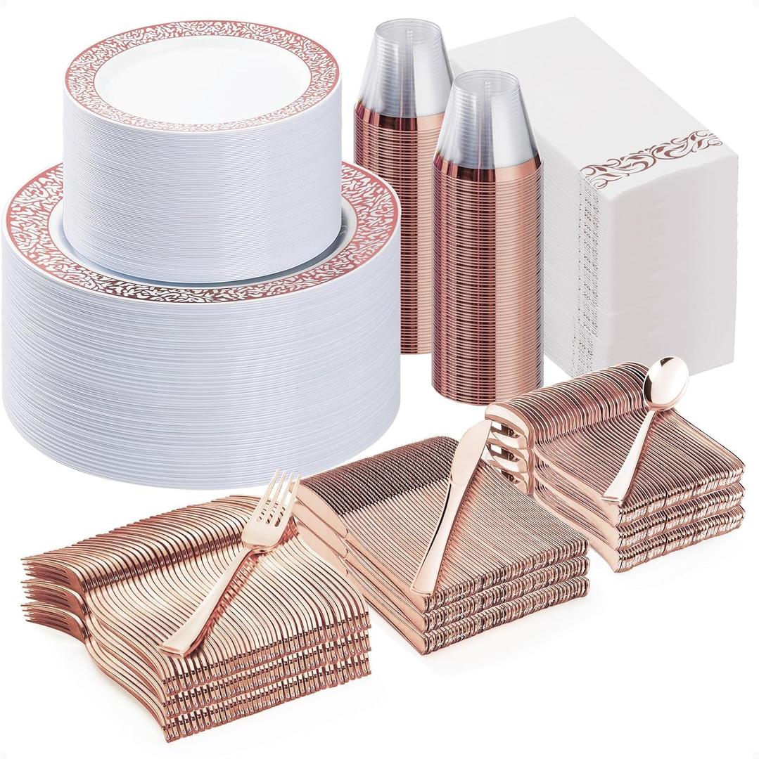 Bestluck 700PCS Rose Gold Plastic Dinnerware Set for 100 Guests, Disposable Plates for Party, Wedding, Include 100 Rose Dinner Plates, 100 Dessert Plates, 100 Set Silverware, 100 Cups, 100 Napkins