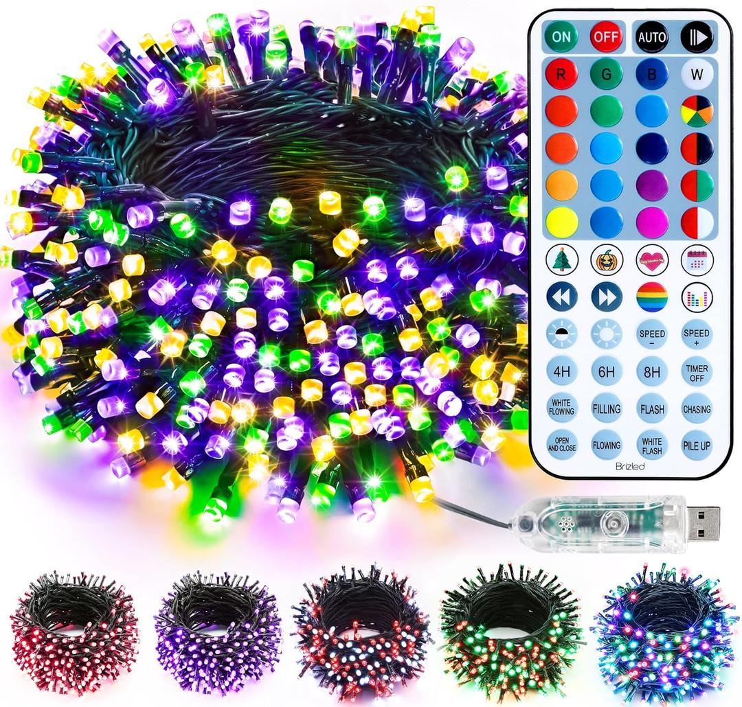 Brizled Color Changing Christmas Lights, 33ft 100 LED RGB Mard Gras Light String with Remote, Dimmable Mini Light String, USB Indoor Decorative Lighting Party Xmas Tree Wreath Year-Round Holiday