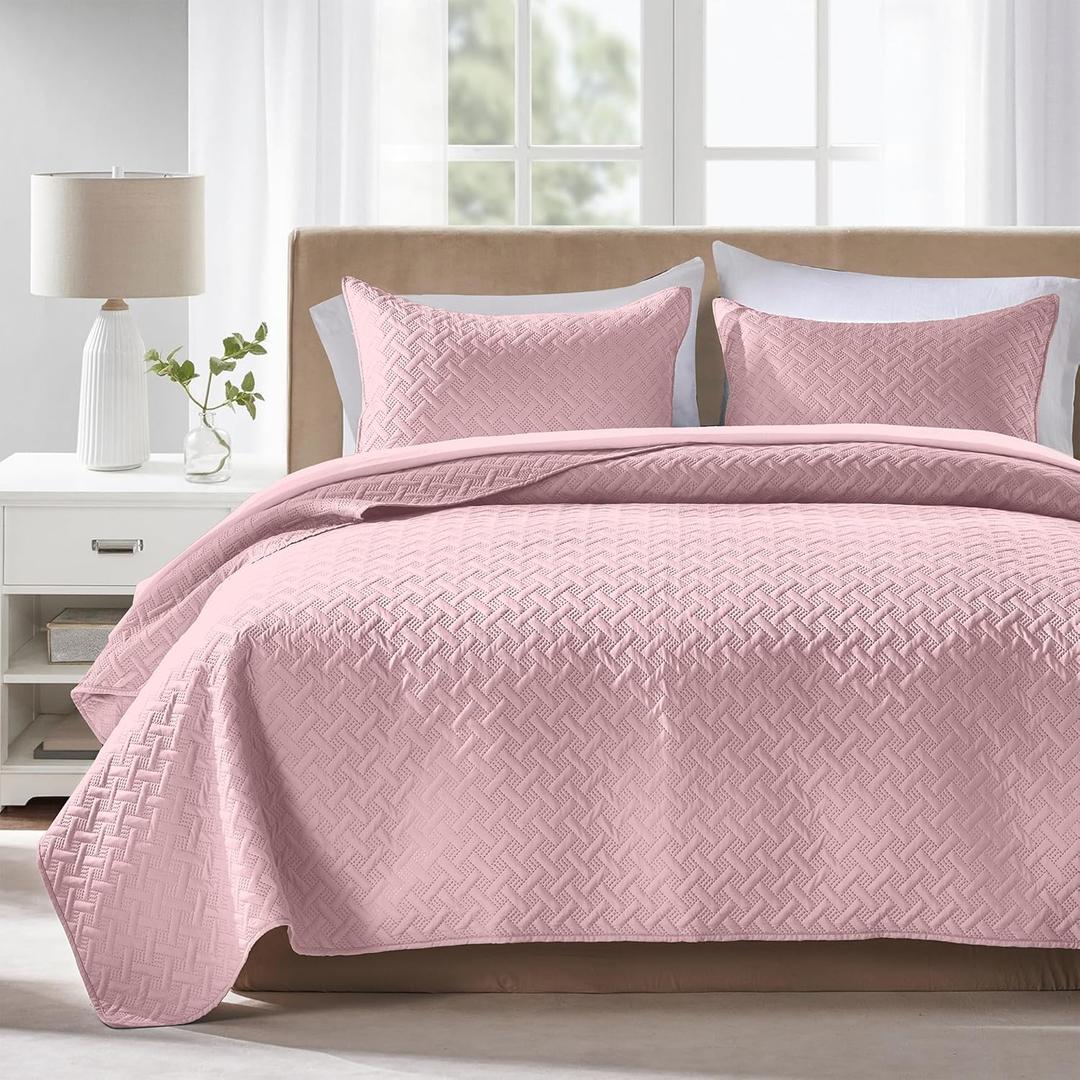 FLYMME Pink Twin Quilt Bedding Set Thin Lightweight Bedspreads,Modern Style Geometric Weave Stripe Pattern,Soft Microfiber Bed Coverlet for All Season (1 Quilt, 1Sham)