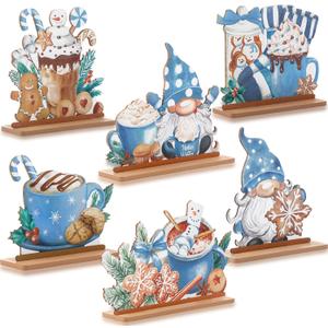 Blosssound 6 Pcs Winter Hot Cocoa Table Decor Christmas Gnome Centerpieces Wonderland Wooden Sign Table Decorations for Home Office Xmas Winter Holiday Theme Party Decor