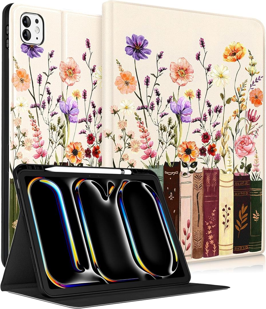 For iPad Pro 13 Inch Case M5 2025/M4 2024 - Smart Folio Cover (Auto Wake/Sleep) with Build-in Pencil Holder for Apple Tablet Soft PU Leather Cover for Women Girls,Painting Flowers (Bookshelf Floral)
