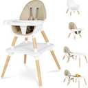 High Chair for Babies & Toddlers, Convertible Wooden 6 in 1 Baby Highchair, Table and Chair Set, Building Block Table, 5-Point Adjustable Seat Belts, 4-Position Removable Tray& PU Seat Cushion (Beige)