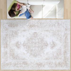 Area Rug 8x10 Living Room Rug, Machine Washable Vintage Distressed Medallion Rug Non-Slip Soft Low Pile Large Indoor Rugs for Bedroom Kitchen Dining Room Office(Beige,8'x10')