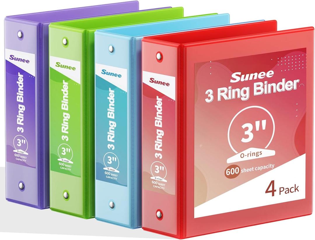 SUNEE 3 Inch Binders 3 Ring 4 Pack, 3" Large Classic 4-Color Binder Set (8.5x11 Inches) for Office, School or Home Supplies