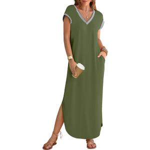 MEROKEETY Women's 2025 Spring Summer Maxi Dress Casual V Neck Split Beach Vacation Loose Long Dresses (Green, S)