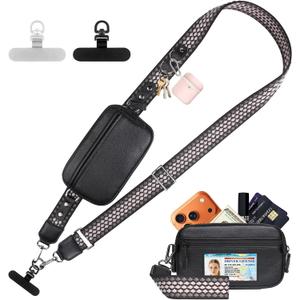 YFWE Clip and Go Phone Strap with Crossbody Wallet, Adjustable Phone Lanyard with Detachable RFID Wristlet Wallet, Anti-Theft Leather Purse with ID Window for Travel Essentials (Black)