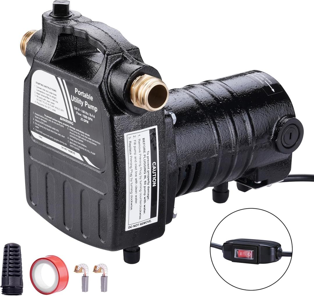 1/2HP 1450GPH 115-Volt Cast Iron Portable Electric Power Utility Transfer Water Pump with On/Off Switch, Suction Strainer, Kits Black