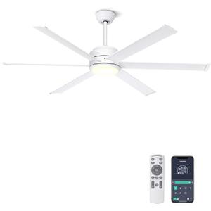 Ohniyou 60'' Ceiling Fan with Lights, Industrial Ceiling Fan with 5 Aluminum Blades, App/Remote Controlled, Dimmable, for Outdoor Patio, Living Room, White