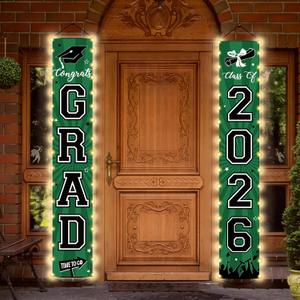 2026 Graduation Banners Lighted Decor Class of 2026 Congrats Grad Porch Sign Party Banners Supplies with LED Light Welcome Hanging Door Decorations for Indoor Outdoor(Green and Black)