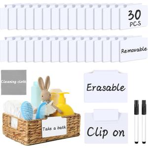 33PCS Basket Labels Clip On, 30 Labels for Storage Bins Removable with 2 Chalk Markers & 1 Wipe, Kitchen Pantry Labels, Plastic Storage Bin Label, Label Holder, Basket Tags, Bin Clips (White)