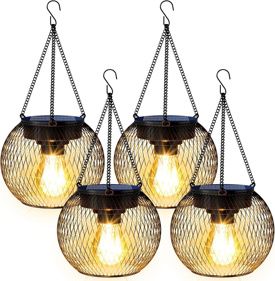 Solar Lanterns Outdoor Waterproof 4 Pack, Upgraded Metal Solar Hanging Lights with Hooks & Auto On/Off, Brighter Warm Outdoor Hanging Lantern Lighting for Porch Garden Yard Pathway Decor