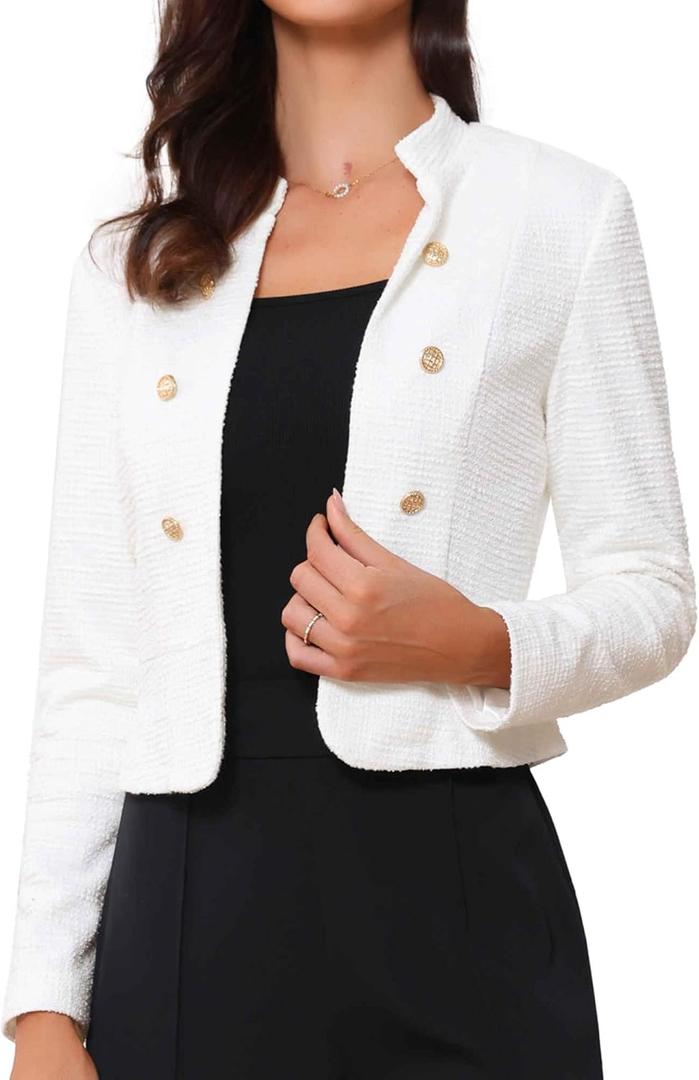 Allegra K Vintage Tweed Jackets for Women's Stand Collar Business Open Front Cropped Blazer Jacket (White, M)