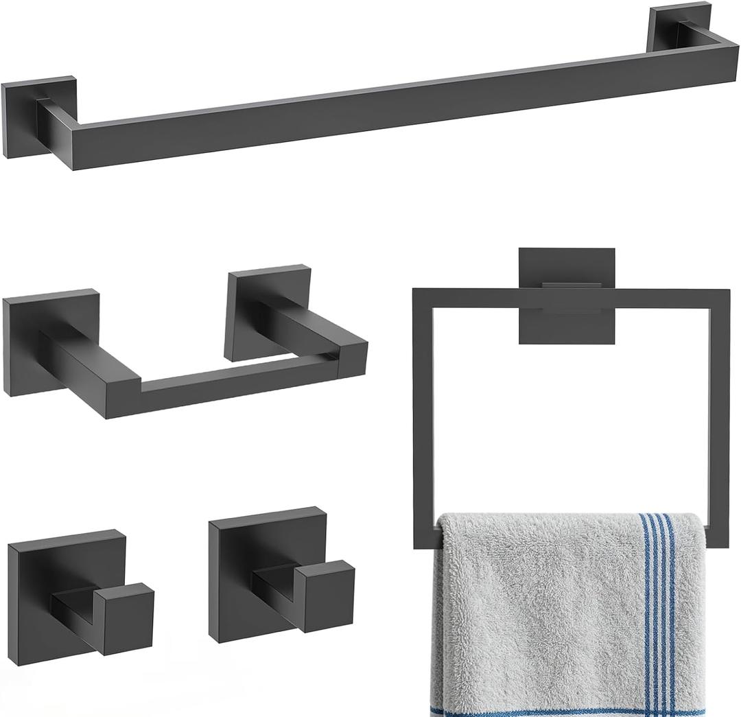 TURS Matte Black 5-Piece Bathroom Hardware Set Towel Bar Set SUS304 Stainless Steel Towel Racks for Bathroom Wall Mounted, 23.6-Inch