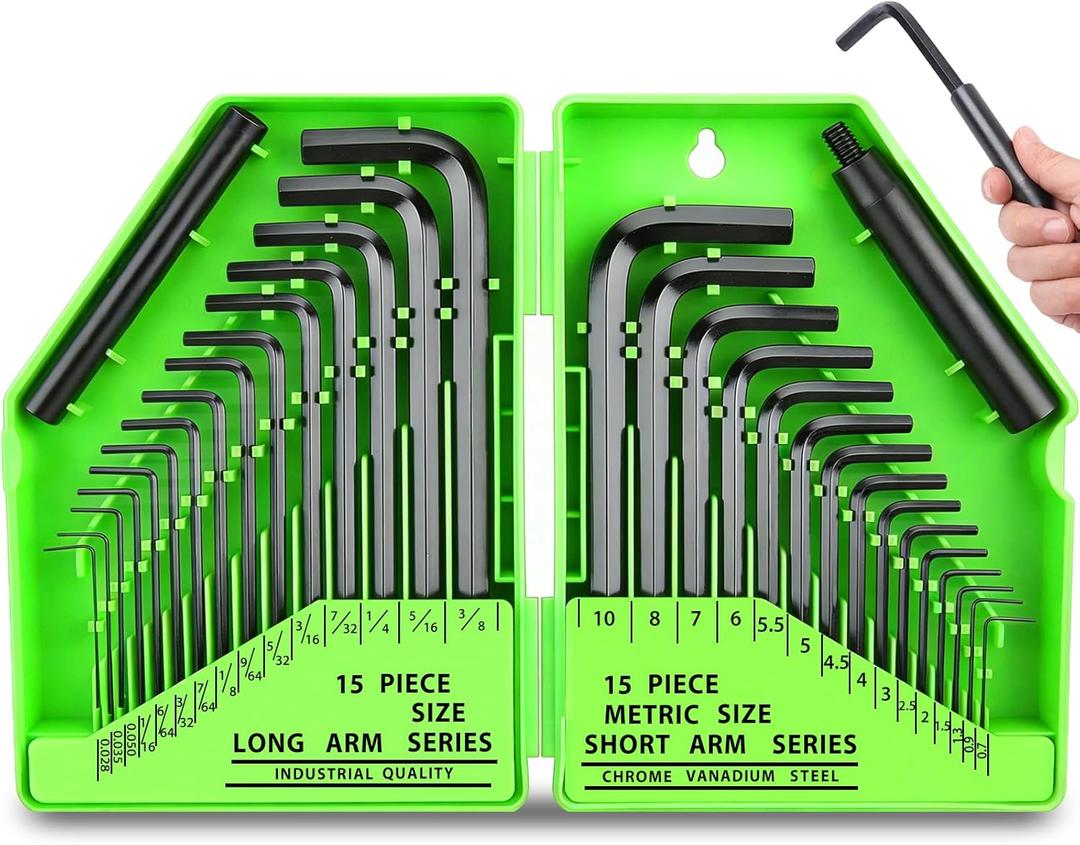 SWANLAKE GARDEN TOOLS 32-Piece Hex Key Allen Wrench Set, SAE and Metric Allen Keys MM(0.7mm-10mm) SAE(0.028"-3/8), L Shape, Chrome Vanadium Steel, Easy Organization