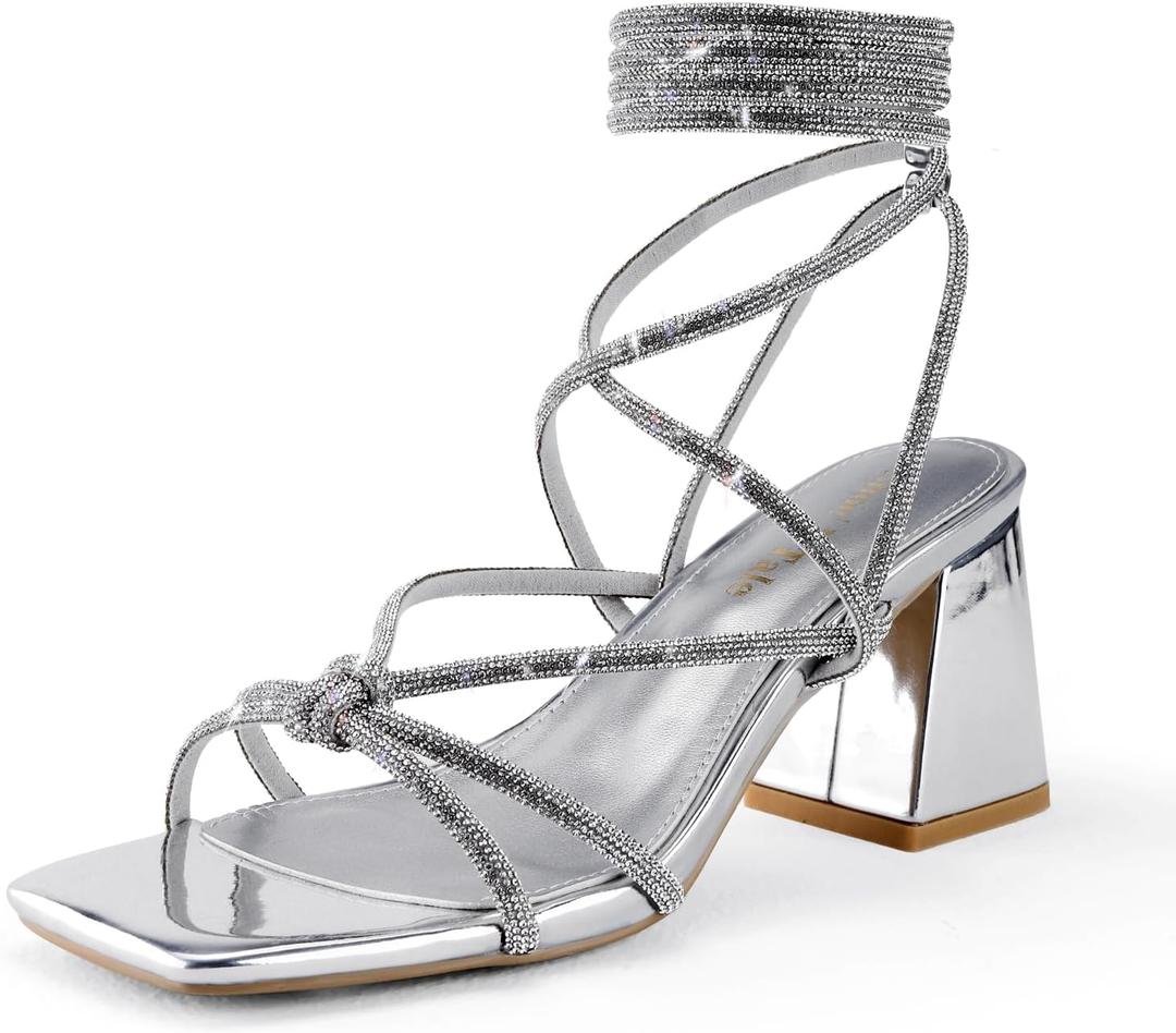 Shoe'N Tale Lace Up Heels for Women Ankle Strappy Gladiator High Heeled Sandals Chunky Block Heel Square Open Toe Criss Cross Dress Shoes (8.5, Silver)