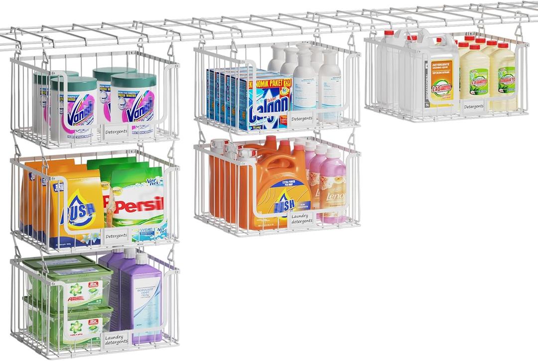 3-Pack Hanging Laundry Organizer, Stackable Wire Shelf Storage with Label Cards, Foldable Metal Baskets with 360 Rotating Hooks, Space-Saving for Laundry Room, Closet & Pantry, 11"15" Large, White