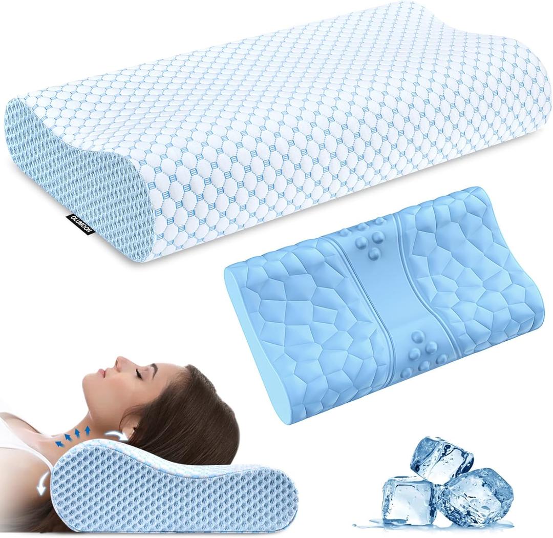 Neck Pillow Memory Foam Pillows - Cooling Neck Support Pillow for Pain Relief, Ergonomic Cervical Pillow for Sleeping, Orthopedic Contour Bed Pillow for Side, Back & Stomach Sleepers (Blue & Blue)