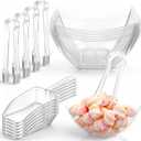 8oz 6 Clear Plastic Candy Bowls, 4 Scoops and 4 Tongs Set Square Disposable Plastic Buffet Containers for Chip, Snacks Popcorn Candy Bar Birthday Party Supplies