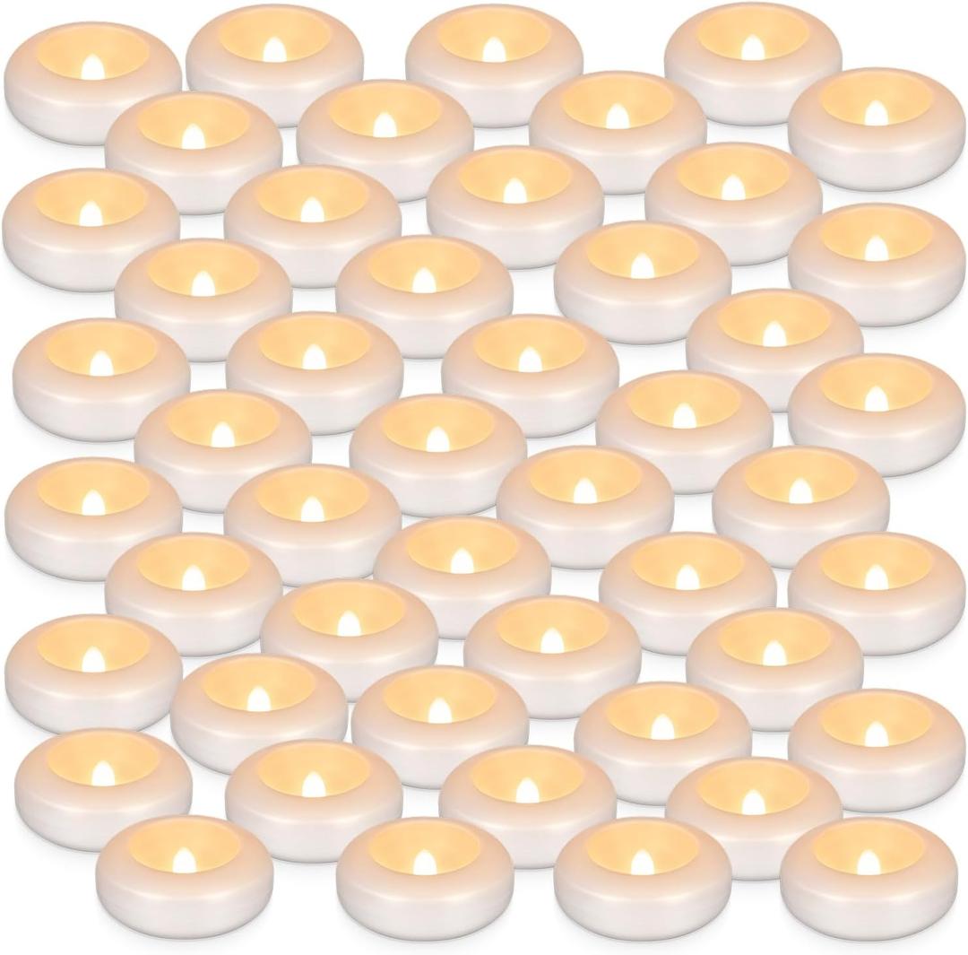 Set of 48 Waterproof Flameless Floating Tealights, 120+ Hour Warm White Battery Flickering LED Tea Lights Candles - Wedding, Party, Centerpiece, Pool & SPA.