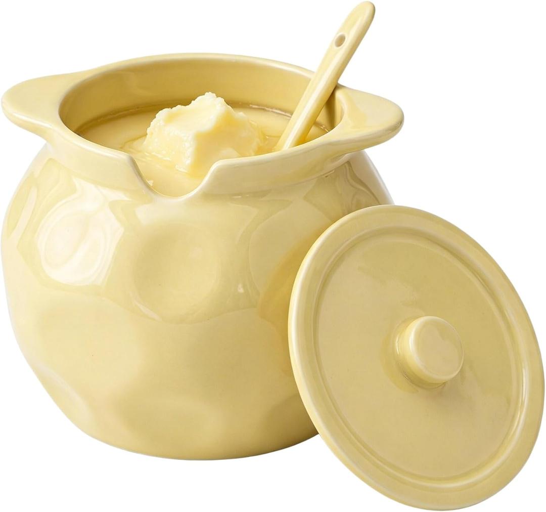 Ghee Container with Lid and Spoon, 25 fl oz (750 ml) Ceramic Ghee Pot, Oil Storage Container with Double Handles, Dishwasher Safe & Multipurpose