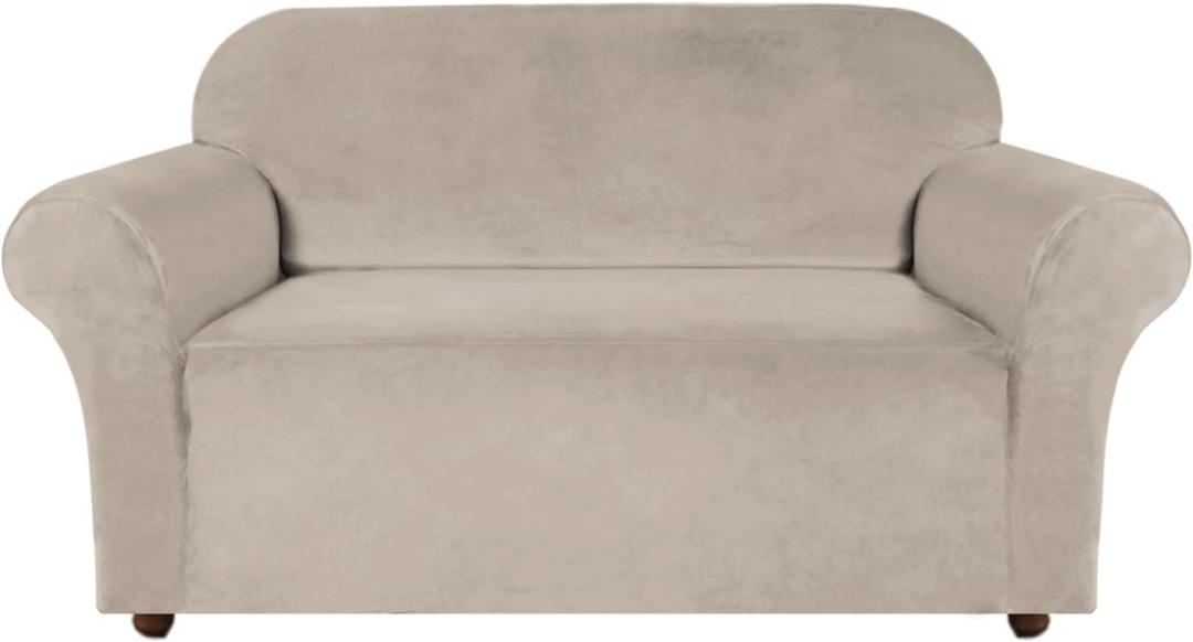 Turquoize Velvet Loveseat Covers Stretch Love Seat Couch Covers for 2 Cushion Couch Velvet Sofa Cover with Non Slip Elastic Bottom Furniture Cover Crafted from Soft Fabric (Loveseat, French Oak)