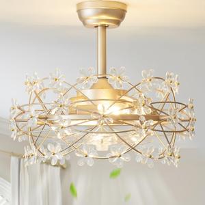 20" Gold Crystal Fandelier Ceiling Fans with lights, Gold Caged Flower ceiling fan with Remote Control, Chandelier with 6 Speeds for Bedroom, Nursery, Living Room