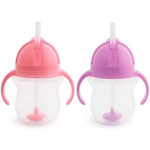Munchkin Any Angle Sippy Cups for Toddlers, Spill Proof Weighted Straw Cup with Transition Handles for Babies 6 Months and Up, 7 Ounce, 2 Pack, Pink/Purple