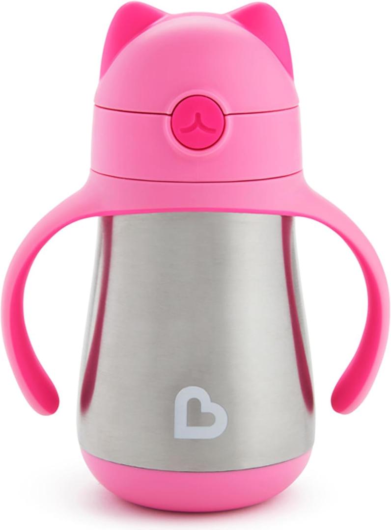 Munchkin Cool Cat Sippy Cup for Toddlers, Stainless Steel Straw Cup, 8 Ounce, Pink