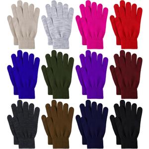 Glooarm 12 Pairs Winter Gloves Knit Warm Adult Stretchy Magic Gloves Bulk for Men Women Teens (Medium, Beige, Gray, Red, Royal Blue, Dark Color a)