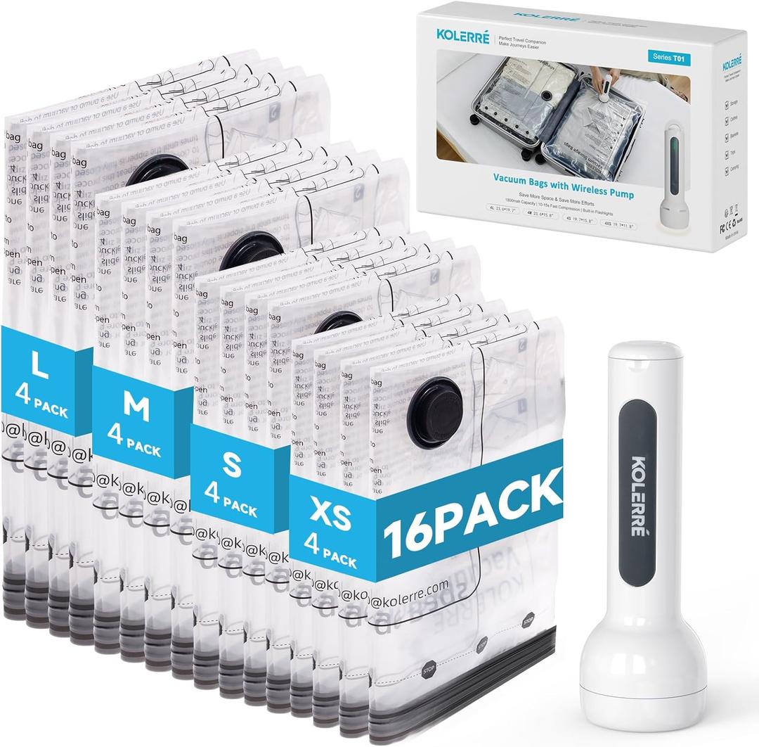 16 Pack Travel Vacuum Bags with Upgraded Rechargeable Pump, 4 Sizes Space Saver Vacuum Storage Bags for Luggage and Suitcase, Compression Bags for Packing, Vacuum Seal Bags for Clothing Travel