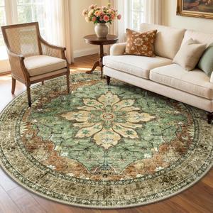 RELEANY Area Rugs 6ft Washable Non-Slip, Floral Vintage Distress Print Pattern Medallion Carpet for Living Room Bedroom Dining Room, Brick Red Rust Neutral Brown Burnt Orange
