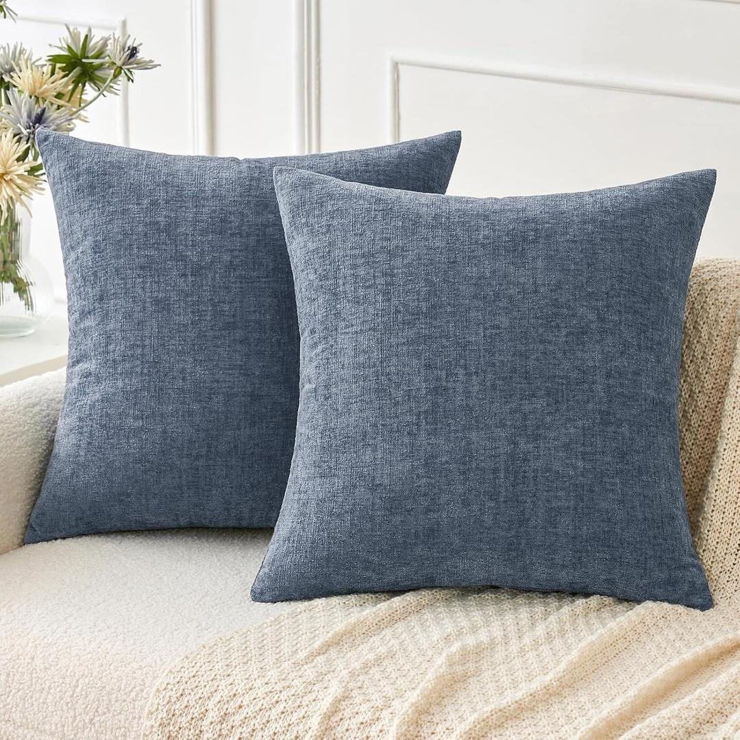 MIULEE Pack of 2 Couch Throw Pillow Covers 18x18 Inch Soft Dark Grey Blue Chenille Pillow Covers for Sofa Living Room Solid Dyed Pillow Cases
