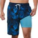 BRISIRA Mens Swim Trunks Bathing Suit 9 Inch Inseam Compression Liner Beach Long Board Shorts Swimsuit Anti-Chafe Quick Dry (38, Bluetropical)